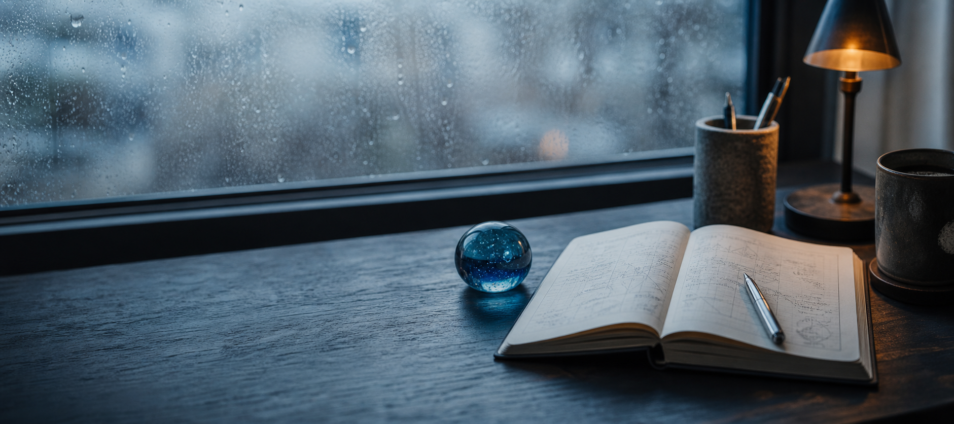 A rain-lit desk with a notebook, pen, and blue glass paperweight.